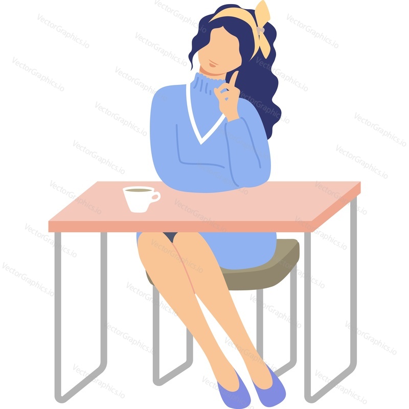 Young woman character drinking coffee at cafe table vector icon isolated on white background.