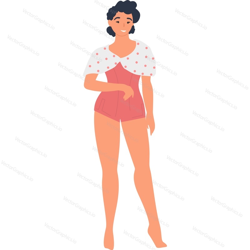 Young woman wearing trendy fashion swimsuit vector icon isolated on white background.