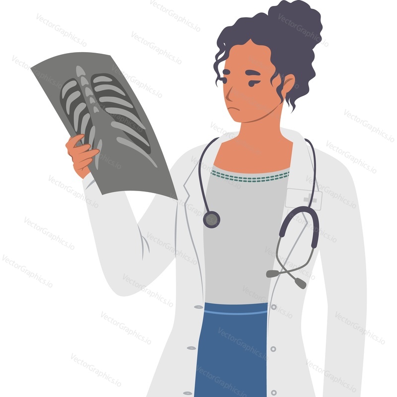 Woman doctor looking at patient x-ray vector icon isolated on white background
