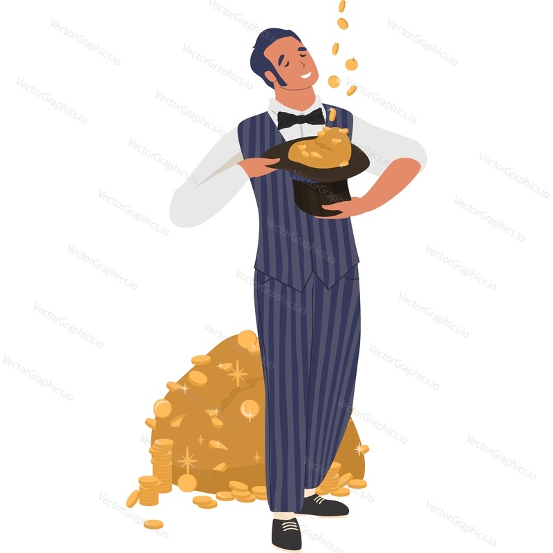 Fortune man holding hat of gold money coin vector icon isolated on white background