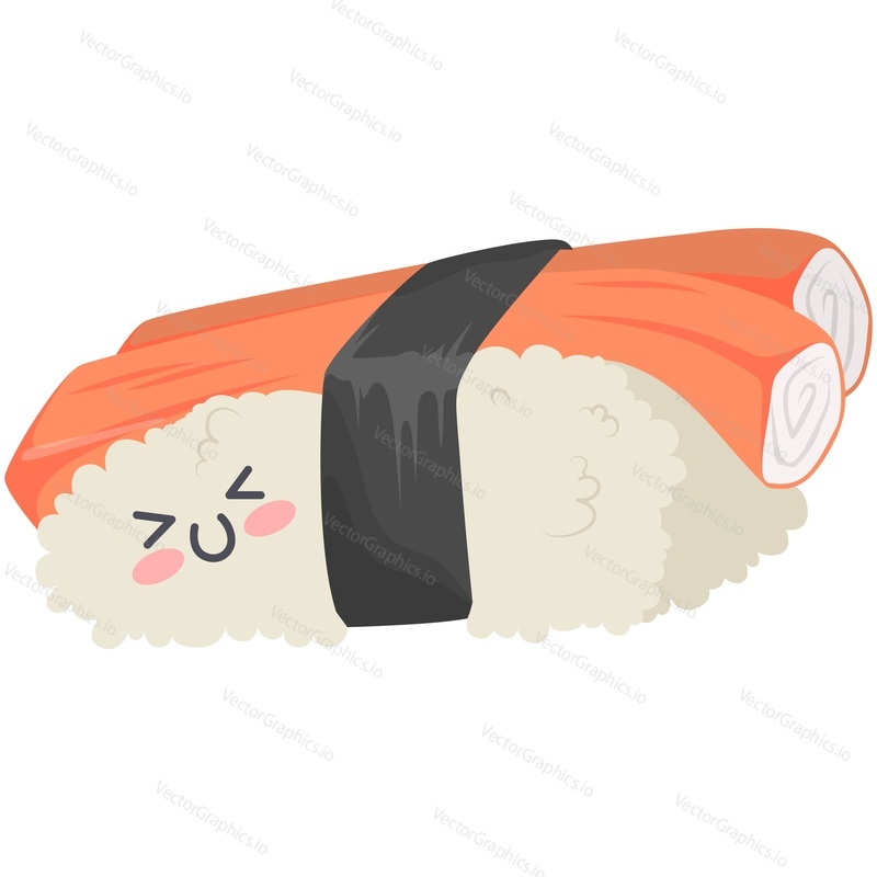 Japanese sushi vector character with crab sticks icon. Cute fast food smiling face funny illustration isolated on white background