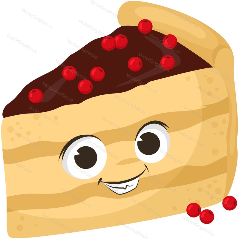 Cake piece cartoon happy character. Happy sponge pie slice vector. Cheesecake with chocolate glaze and cranberry pastry dessert illustration. Sweet cute bakery isolated on white background