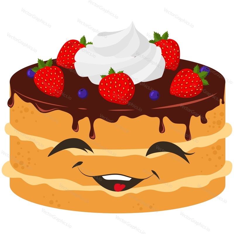 Chocolate cake character funny food cartoon vector. Cute happy pastry illustration. Sugar comic cream dessert icon with strawberry and icing glaze. Bakery mascot isolated on white background