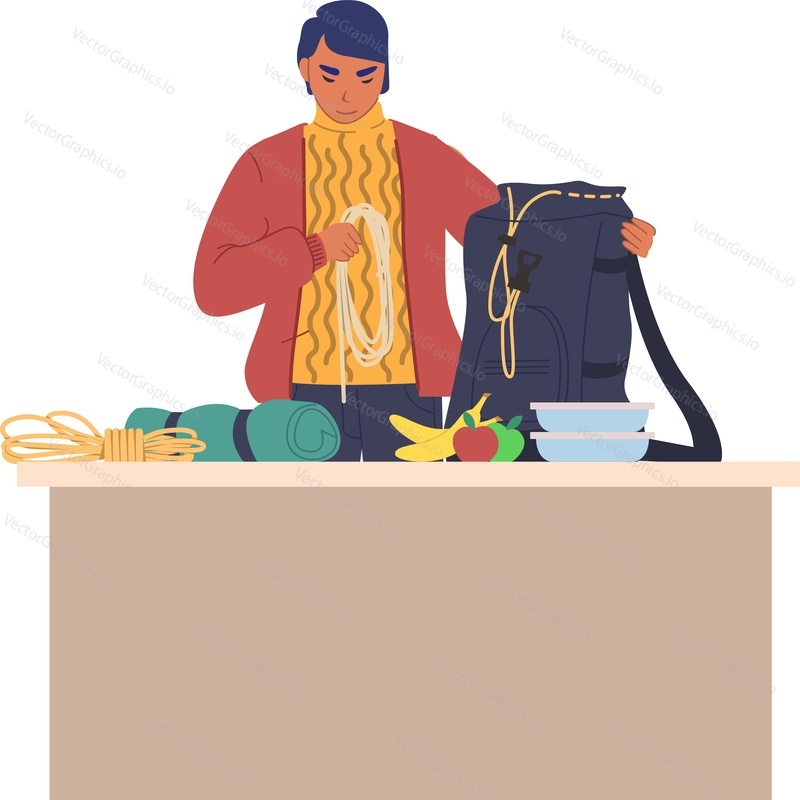 Man packing trekking equipment in backpack vector icon isolated on white background