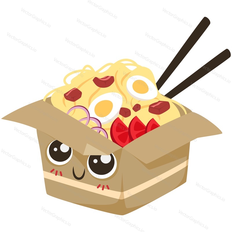 Japanese noodles ramen vector cartoon character. Cute food, happy funny chinese pasta in box isolated on white background. Kawaii icon illustration