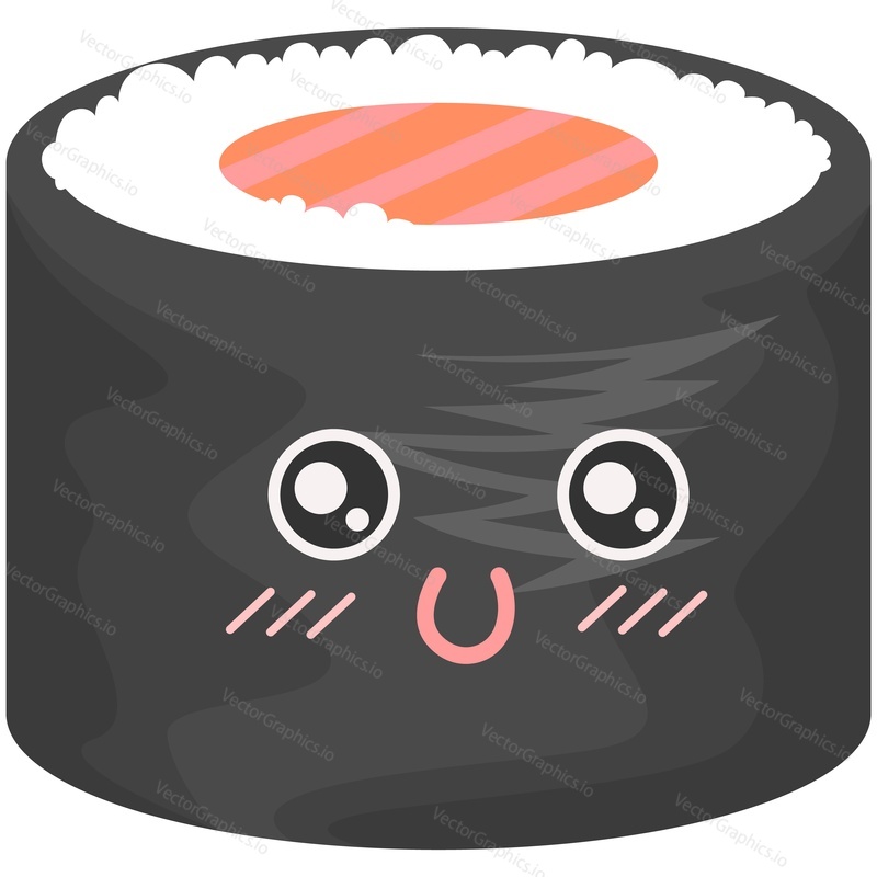 Sushi character vector japanese cute food cartoon. Funny salmon sashimi with rice isolated on white background. Kawaii oriental seafood menu icon illustration