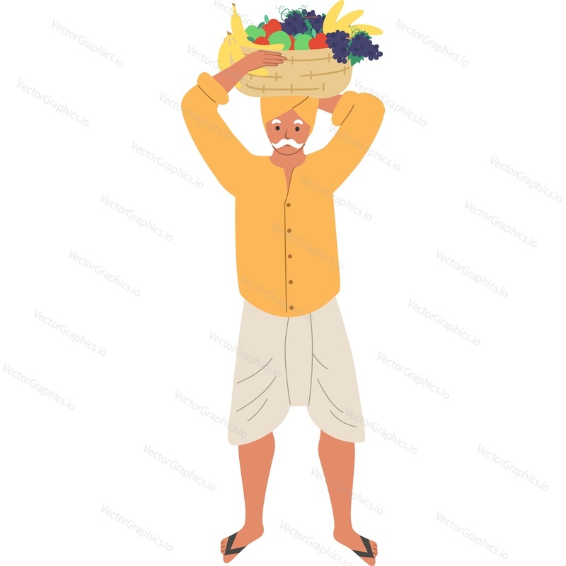Indian man farmer carrying fruit basket on head vector icon isolated background.
