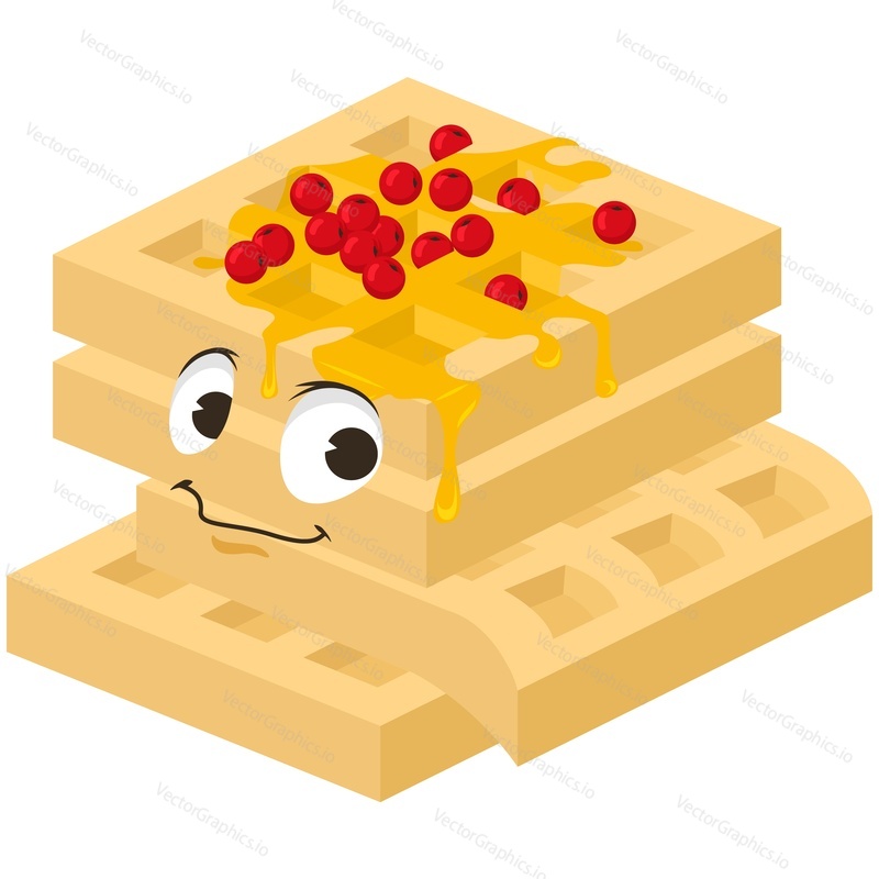Belgian waffle cute cartoon vector character. Kawaii dessert food face illustration. Best breakfast with cranberry and syrup logo isolated on white background