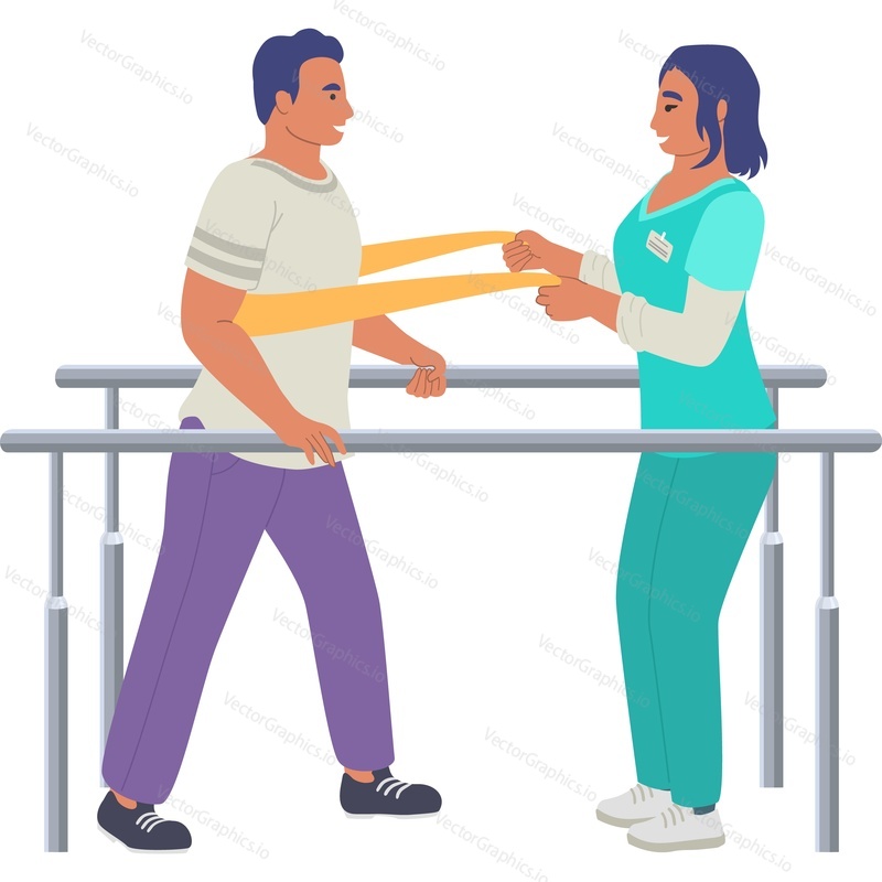 Patient with help of physiotherapist learning to walk after injury vector icon isolated on white background