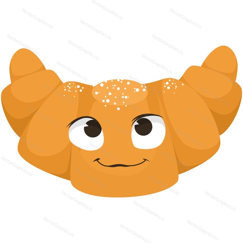 Croissant cartoon vector funny character cute roll illustration. Happy bakery food face icon isolated on white background