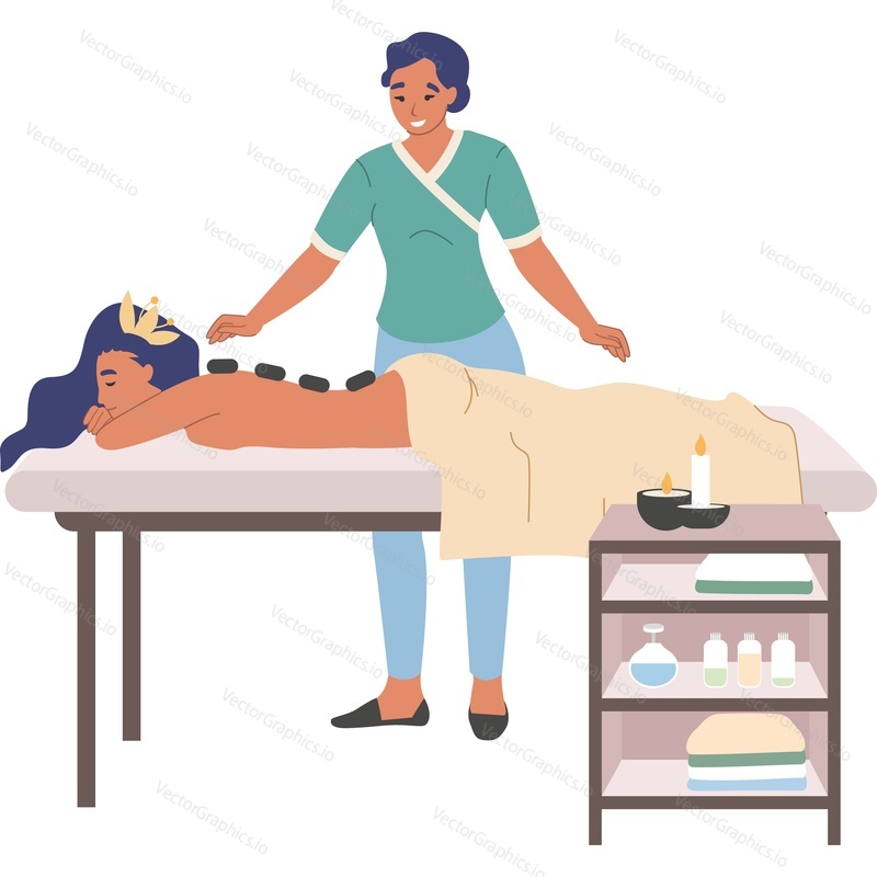 Woman masseur doing stone massage to female client vector icon isolated background.