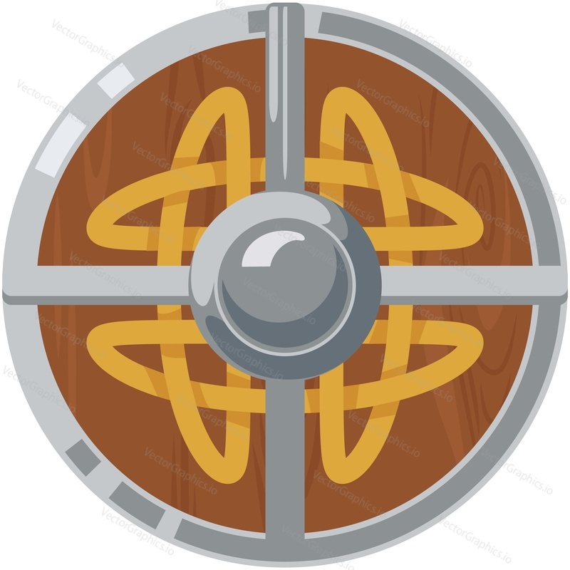 Wooden shield vector. Round viking armor isolated on white background. Celtic military protective board