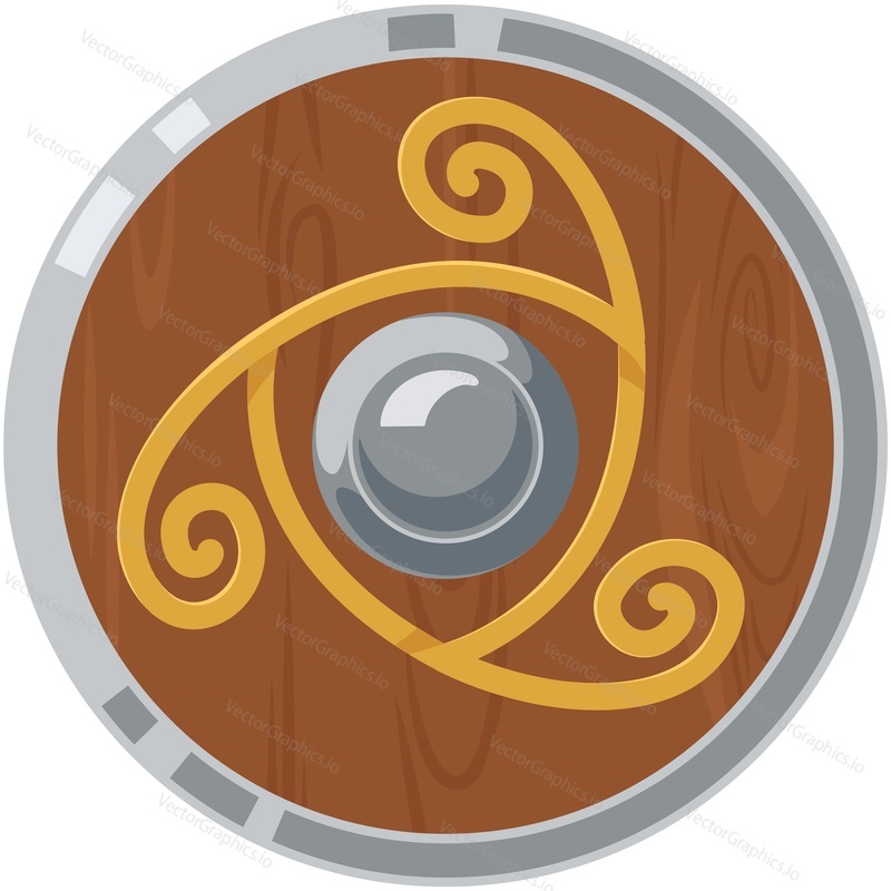 Old wooden shield vector. Round viking or medieval knight armor element for potection isolated on white background