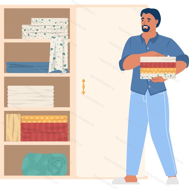 Housework man folding clothes in wardrobe vector icon isolated on white background