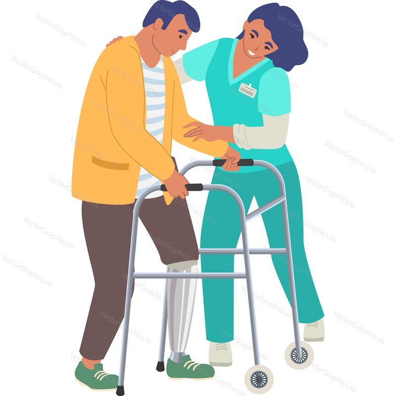Man trying to walk with walkers equipment vector icon isolated on white background