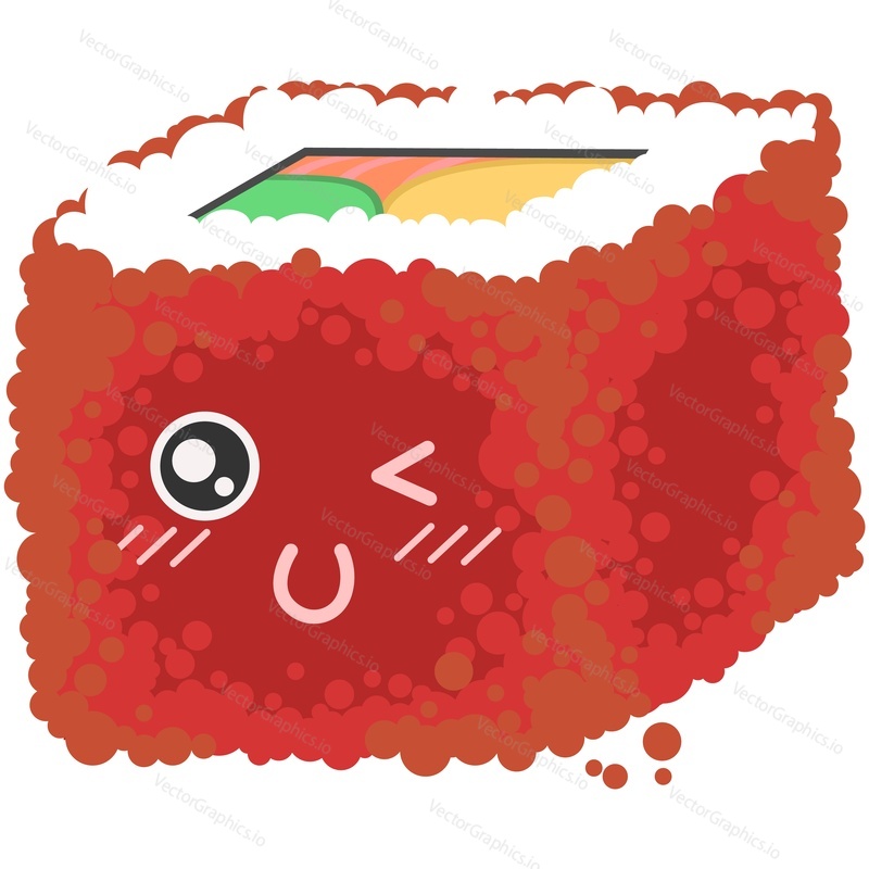 Sushi character vector. Japanese cute food cartoon. Funny caricature roll with rice and caviar winking face isolated on white background