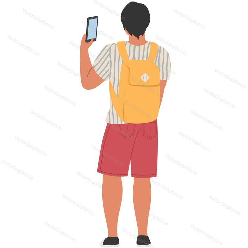 Teenager boy shooting excursion on mobile camera vector icon isolated on white background
