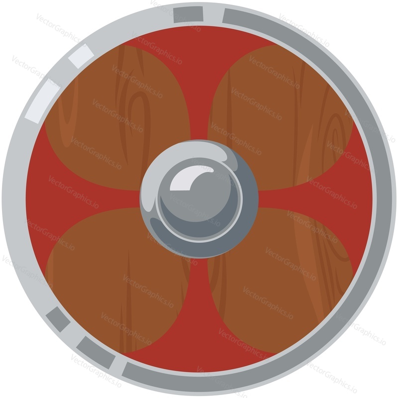Wooden shield vector. Round viking armor with steel frame and rivet isolated on white background. Celtic barbarian or medieval timelier military protective board