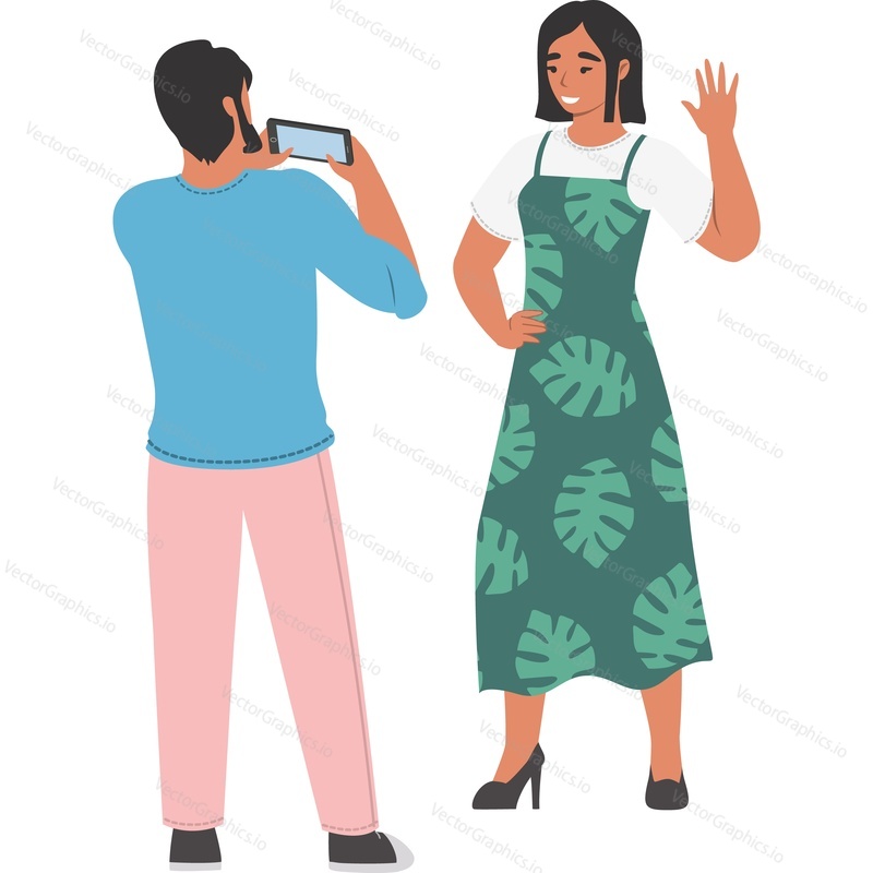 Boyfriend shooting girlfriend using mobile camera vector icon isolated on white background
