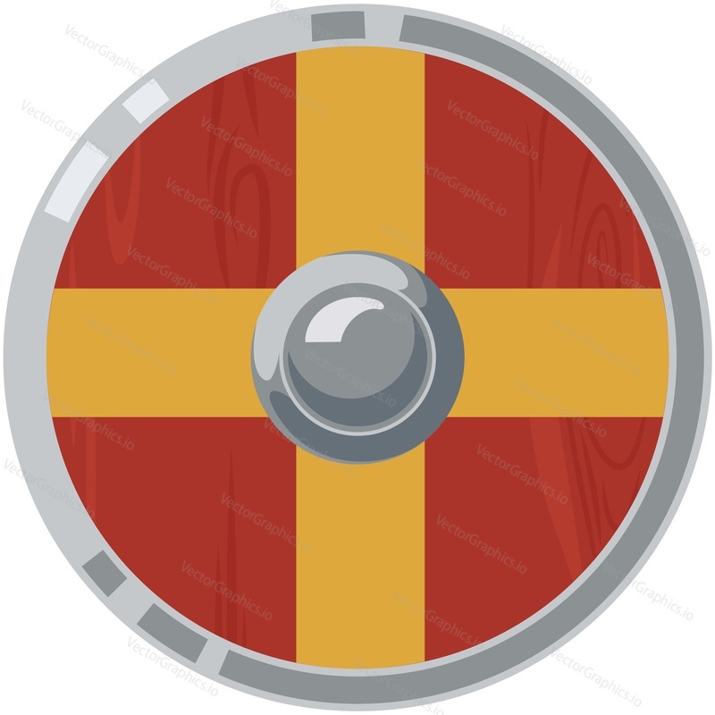 Wooden shield vector. Round viking armor with cross decoration isolated on white background. Celtic barbarian or medieval crusaders military protective board