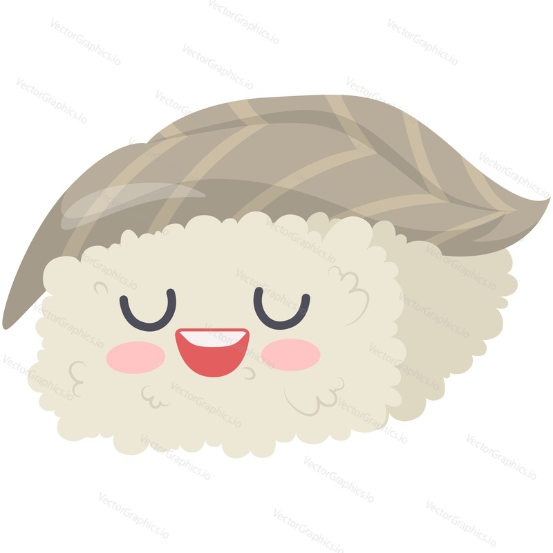 Japanese nigiri sushi vector character with fish icon. Cute asian fast food cartoon face isolated on white background. Kawaii oriental snack emoticon