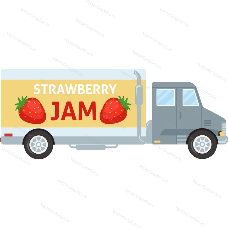 Strawberry jam delivery truck vector icon isolated on white background