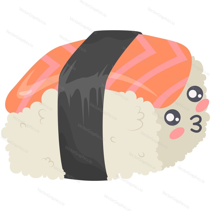 Kawaii japanese sushi with salmon fish slice vector. Asian food funny character isolated on white background