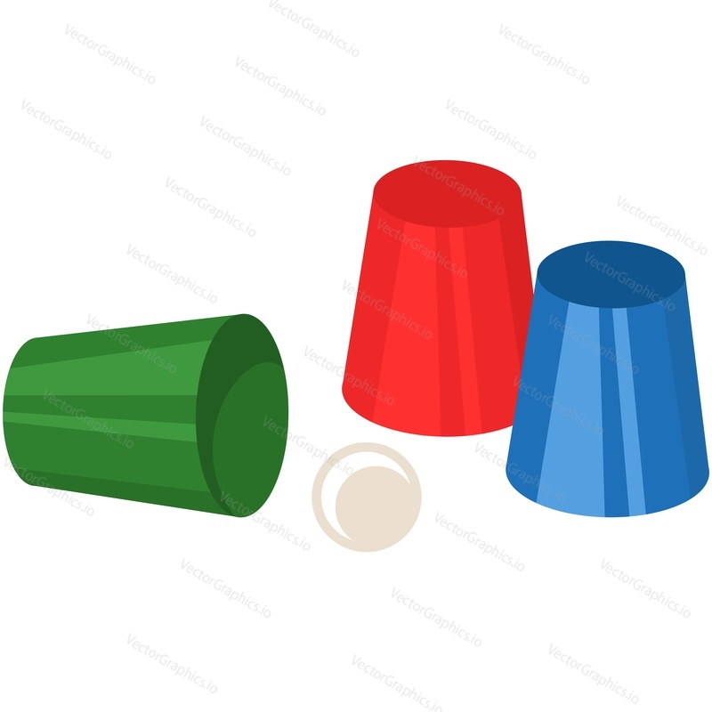 Trick game cup vector. Memory thimble guessing play accessory isolated on white background. Metallic glasses for speed ball hide