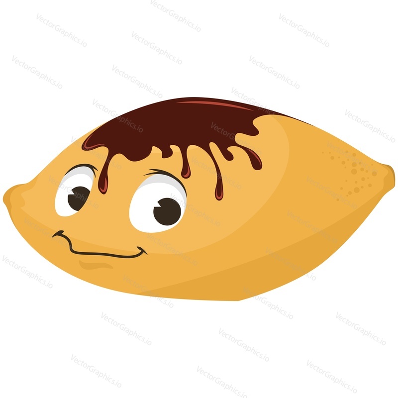 Cartoon cute bakery character. Bun isolated vector. Funny sweet snack food face illustration. Pastry with chocolate glaze and anthropomorphic comic facial expression isolated on white background