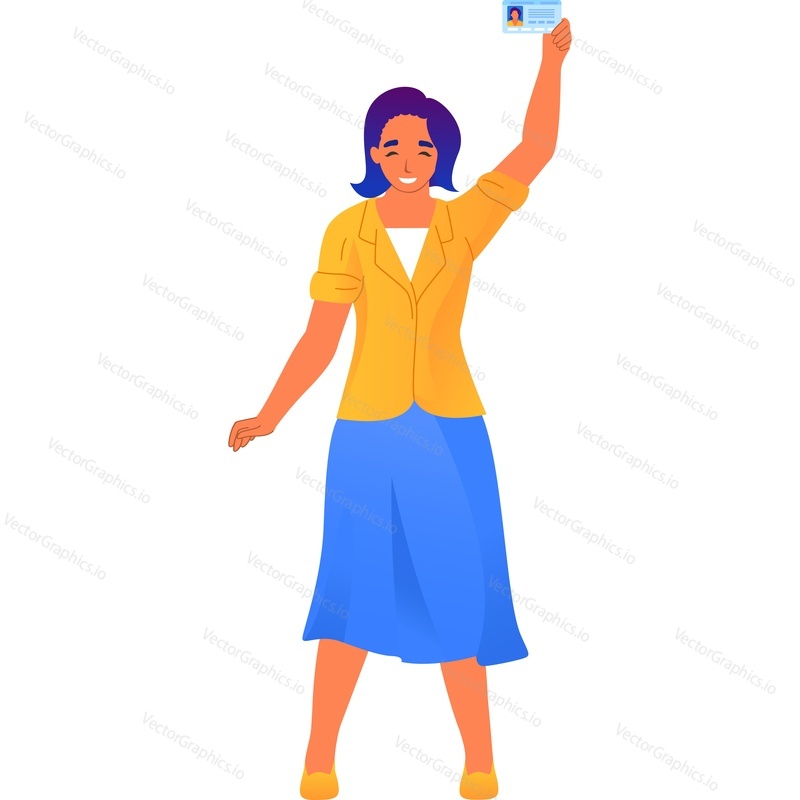 Young woman just got her first drive license. Vector icon. isolated on white background