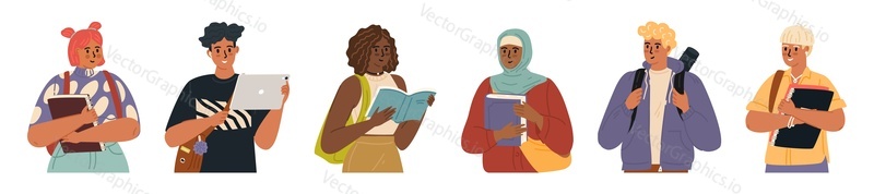 Multinational society of students set. Multicultural teenagers community holding education supplies isolated on white background. Young people vector illustration