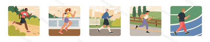 Sportovní lidé běžci cartoon vector card set. Mladý sportovec nebo sportovkyně, dospělý běžec a senior aktivní muž postavy cvičení venkovní dělá běh fyzické cvičení vektorové ilustrace