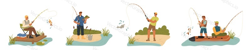 Lidé loví v rybníku, jezero nebo řeka set. Mladý nebo dospělý svobodný muž, otec a syn chytání ryb s přívlačovým prutem vektorové ilustrace. Mužský koníček a rekreační čas
