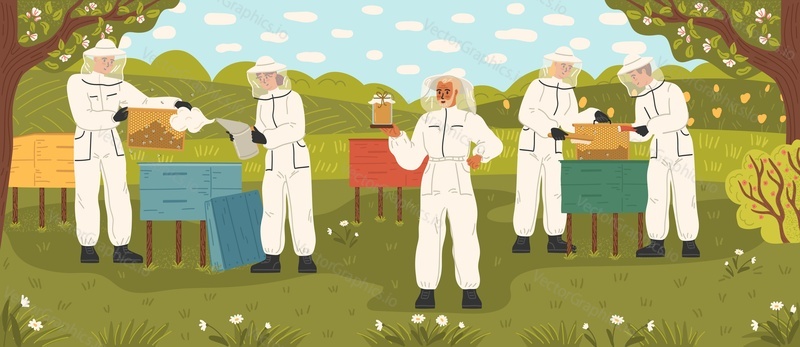 Apiary at countryside landscape cartoon vector illustration with beekeepers characters wearing protective uniform working on honey production