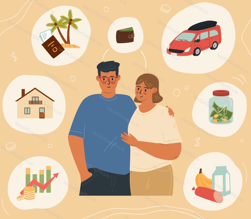 Home economics and family budget concept. Wife and husband married couple hugging portrait and money spending, increasing and savings items vector illustration