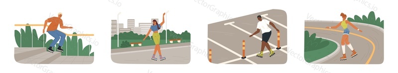 Young people cartoon character enjoying roller skating in park isolated set. Happy teenage boys and girls having fun sport activity routine on weekend vector illustration