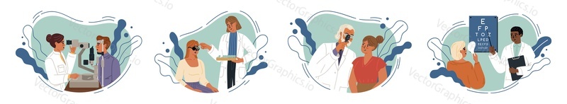 Doctor ophthalmologist checking eyesight, correcting vision and selecting eyeglasses diopter with special equipment set. Professional oculist examining patient vector illustration