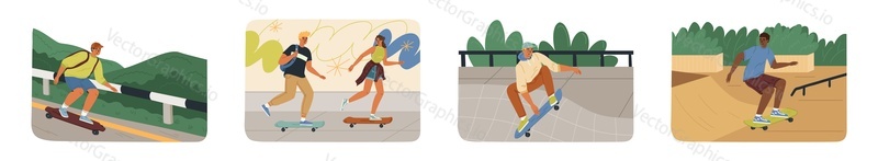 Dospívající lidé kreslené postavičky skateboarding vektorové ilustrace izolované scény set. Mladá dívka a kluci se těší aktivní sportovní Čas v parku s brusle hřiště. Zdravý rekreační čas pro dospívající