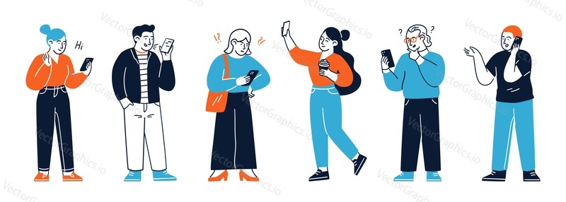 People using phone and wireless technology isolated set. Man and woman characters holding smartphone messaging, chatting with friends in social media, browsing internet. Gadget addiction