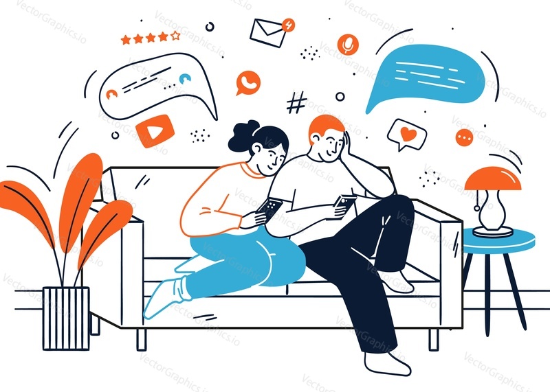 Персонаж молодой пары, использующий смартфон для общения в Интернете, серфинга в Интернете и просмотра социальных сетей, сидя дома на диване в векторной иллюстрации. Концепция добавления цифрового гаджета
