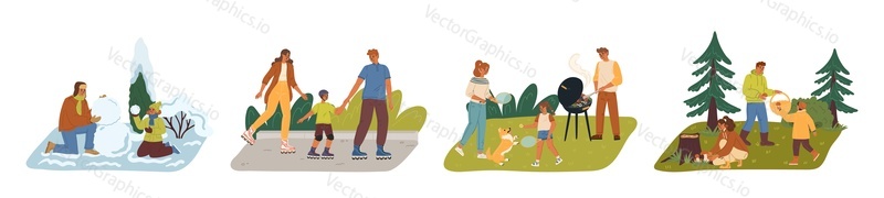 Šťastná rodina sezónní aktivity vektorové ilustrace. Rodiče a děti, aby sněhulák, kolečkové brusle, výdaje grilování party, shromažďování houby izolované scény set