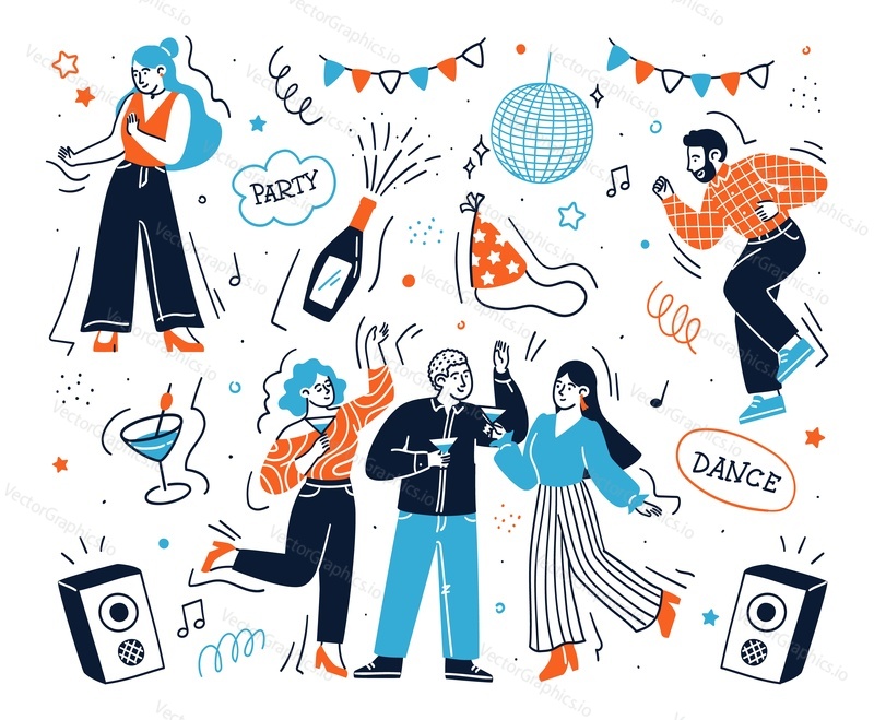 Šťastní lidé přátelé párty slaví dovolenou událost vektorové ilustrace. Mladý muž a žena pití koktejlů, tanec a mluvit spolu pocit radosti a zábavy