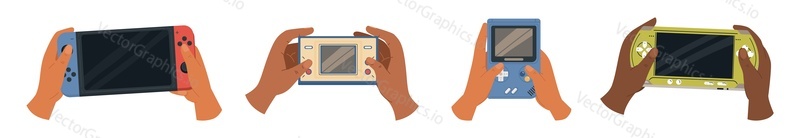 Person hands holding portable gamepad with digital screen and press buttons playing popular games screen set isolated on white background. Electronic devices in gamers arms vector illustration