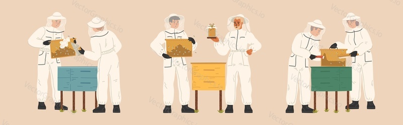 Men and women cartoon characters wearing beekeepers suit extracting gathering from hive honey at apiculture farm vector illustration. Set of professional apiarist engaged in beekeeping process