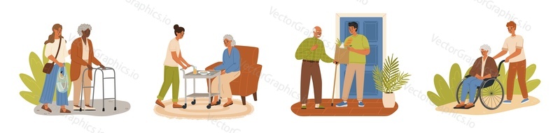 Old people and caregivers cartoon characters isolated scene set. Volunteers and social workers helping elderly men and women daily routine activities vector illustration