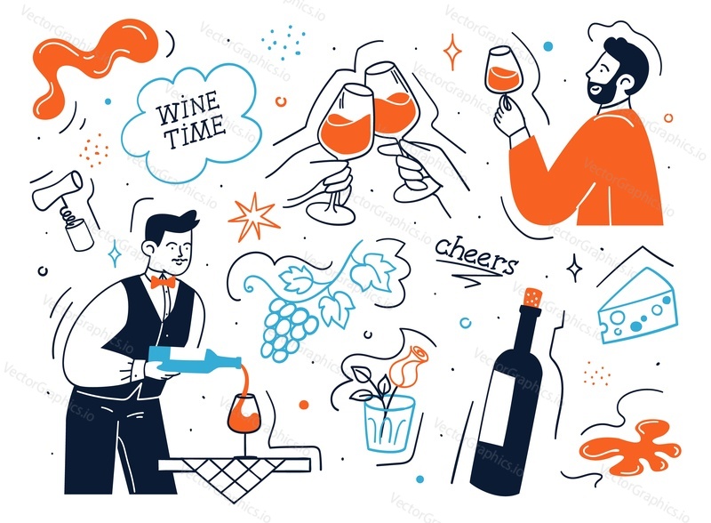 Wine time composition with waiter pouring drink, cheers wineglasses, opened bottle, cheese snack, grapes bunch and man tasting natural aromatic beverage vector illustration