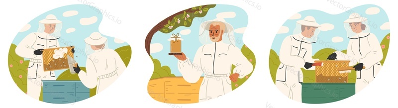 Beekeepers collecting honey harvesting at apiary isolated cartoon scene. People apiarist wearing protective suits holding wax comb with bee swarm, jar with fresh sweet product vector illustration
