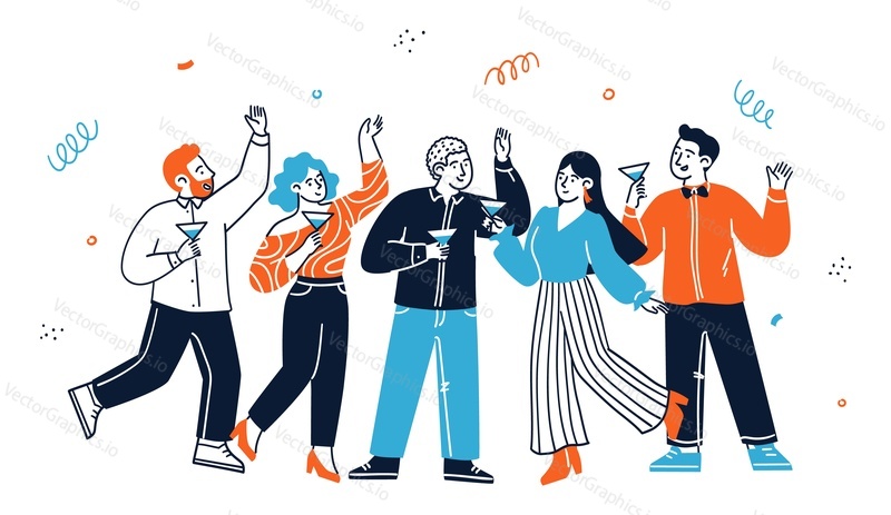 Skupina šťastných přátel klubů společně na dovolenou party vektorové ilustrace. Postavy mladých mužů a žen pijí koktejly a mluví s radostí sdílení zábavné nálady