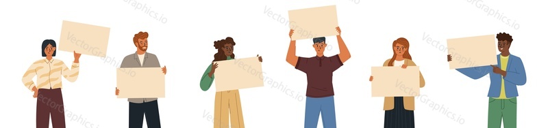 Různorodé multikulturní mladí lidé drží prázdný banner transparent vektorové ilustrace. Demonstrace sociálních práv, občanská demonstrace, hnutí zaměstnanců, protest studentů