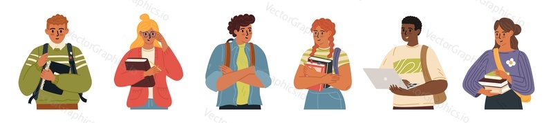 Mladí dospělí dospívající studenti kreslené postavičky na sobě ležérní oblečení stojící izolovaných na bílém pozadí. Sada mužských a ženských teenagerů s různými studijními doplňky